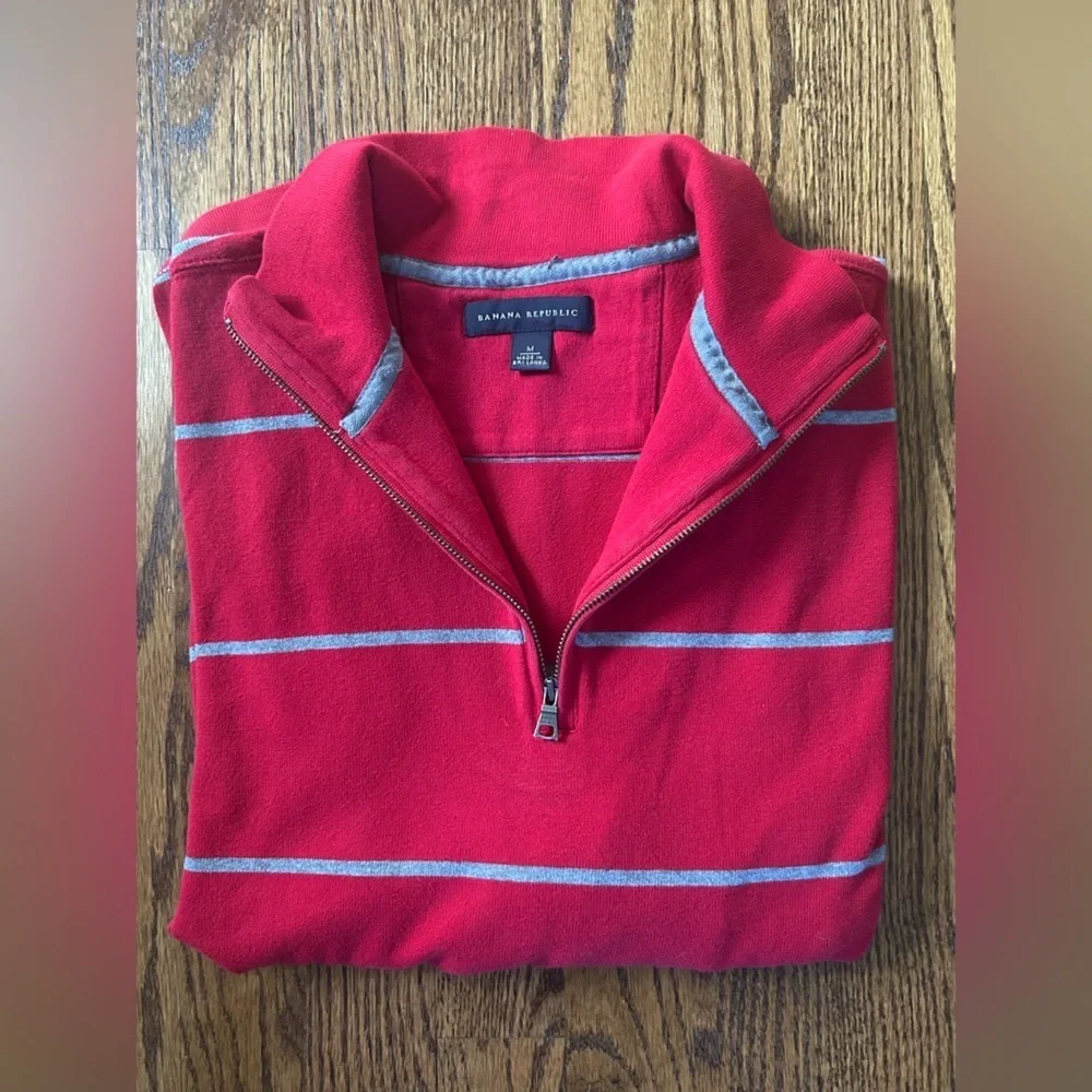 Banana Republic Red Stripe Quarter Zip Sweater Pullover Medium Casual Preppy M